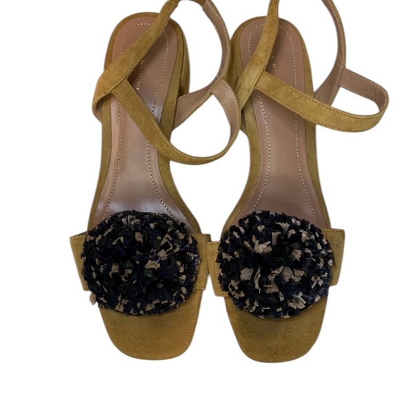 Zara Tan Raffia Pom Pom Suede Sandals- 7 - Picture 1 of 9